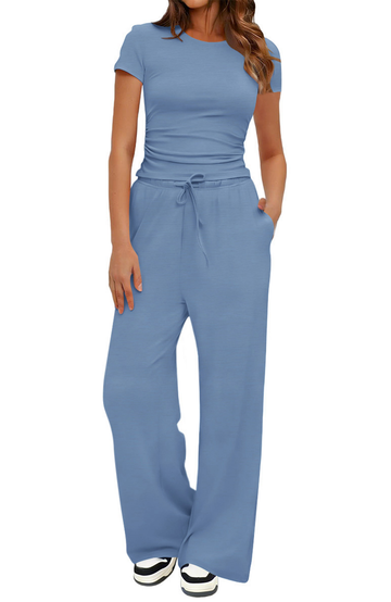 UVN Summer 2 Piece Outfit Set for Women Ruched Short Sleeve Tops and Wide Leg Pants with Pockets Casual Tracksuit Sets Ladies Loungewear