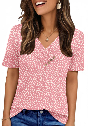 UVN Blouses for Women Summer Short Sleeve V Neck Button Shirts Dressy Casual Business Tunic Tops