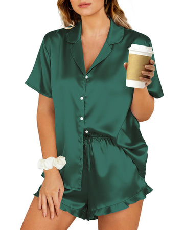 UVN Pajamas Sets for Women Short Sleeve Button Down Tops and Ruffle Shorts 2 Piece Outfit Satin Silk Pjs Sleepwear Loungewear