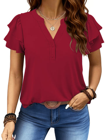 UVN Summer Blouse for Women Ruffle Short Sleeve Shirts V Neck Button Down Elegant Ladies Tops