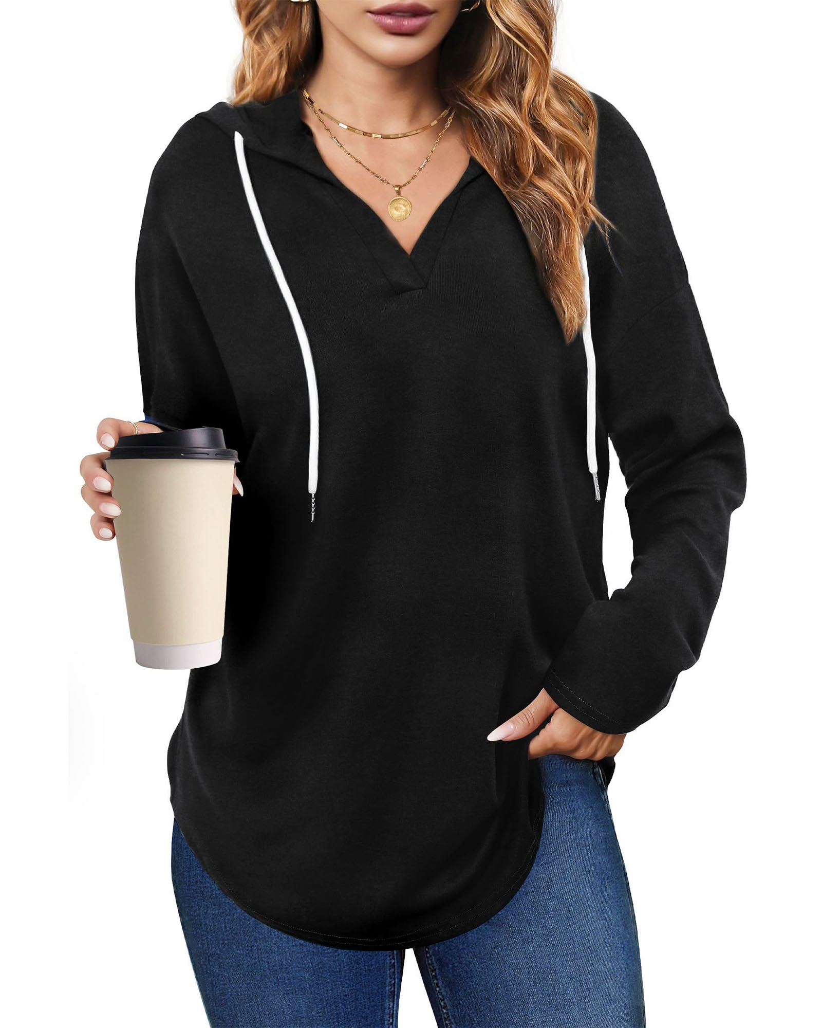 UVN Fall Hoodies for Women Long Sleeve V Neck Hooded Sweatshirts Ladies Loose Casual Drawstring Pullover Tops