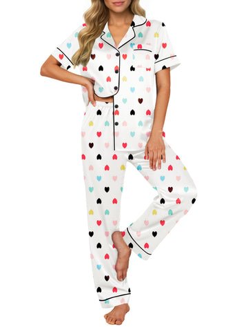 UVN Pajamas Sets for Women Short Sleeve Button Down Tops And Pants Sleepwear Soft Silk Satin Pjs Loungewear 2 Piece Outfit