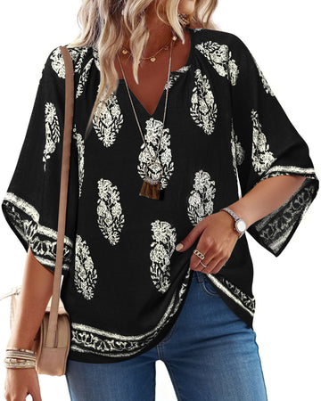 UVN Womens Summer Blouses Bohemian 3/4 Bell Sleeve Shirts for Women V Neck Flowy Casual Pleated Tops