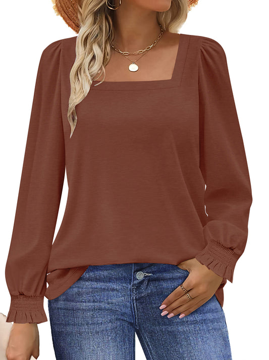 UVN Blouses for Women Square Neck Long Sleeve Shirts Dressy Casual Tunic Tops