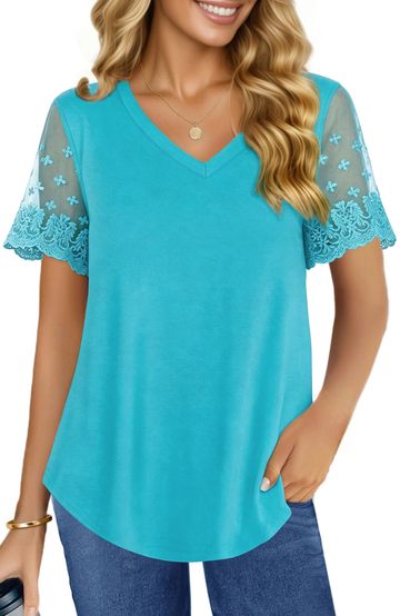 UVN Womens Summer Tops V Neck Lace Short Sleeve Shirts Casual Curved Hem Loose Fit Blouses