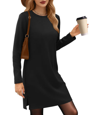 UVN Dresses for Women Fall Winter Long Sleeve Crewneck Casual Pullover Sweatshirt Dress with Side Split
