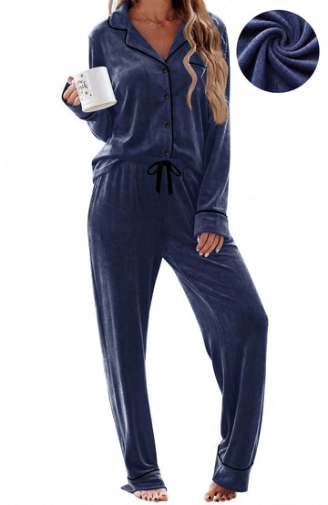 UVN Velvet Pajama Sets for Women Winter Long Sleeve Button Down Top and Drawstring Pant Ladies Casual Sleepwear