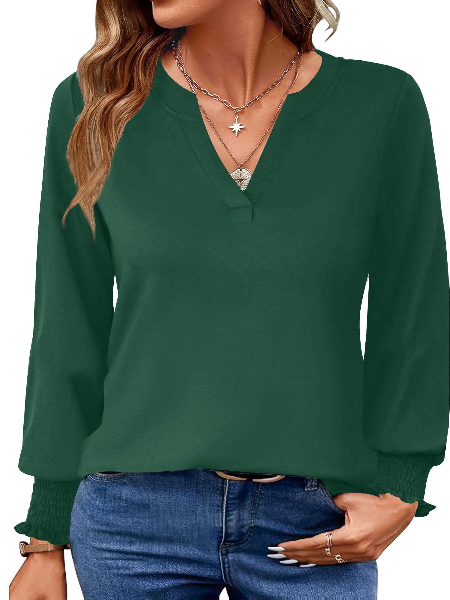 UVN Womens Fall Blouses Long Sleeve V neck Shirts Dressy Casual Smocked Cuffs Tunic Tops