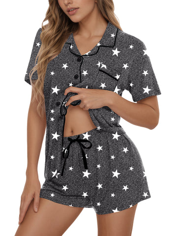 UVN Pajamas Sets for Women Button Down Short Sleeve Tops and Drawstring Shorts 2 Piece Lounge Set