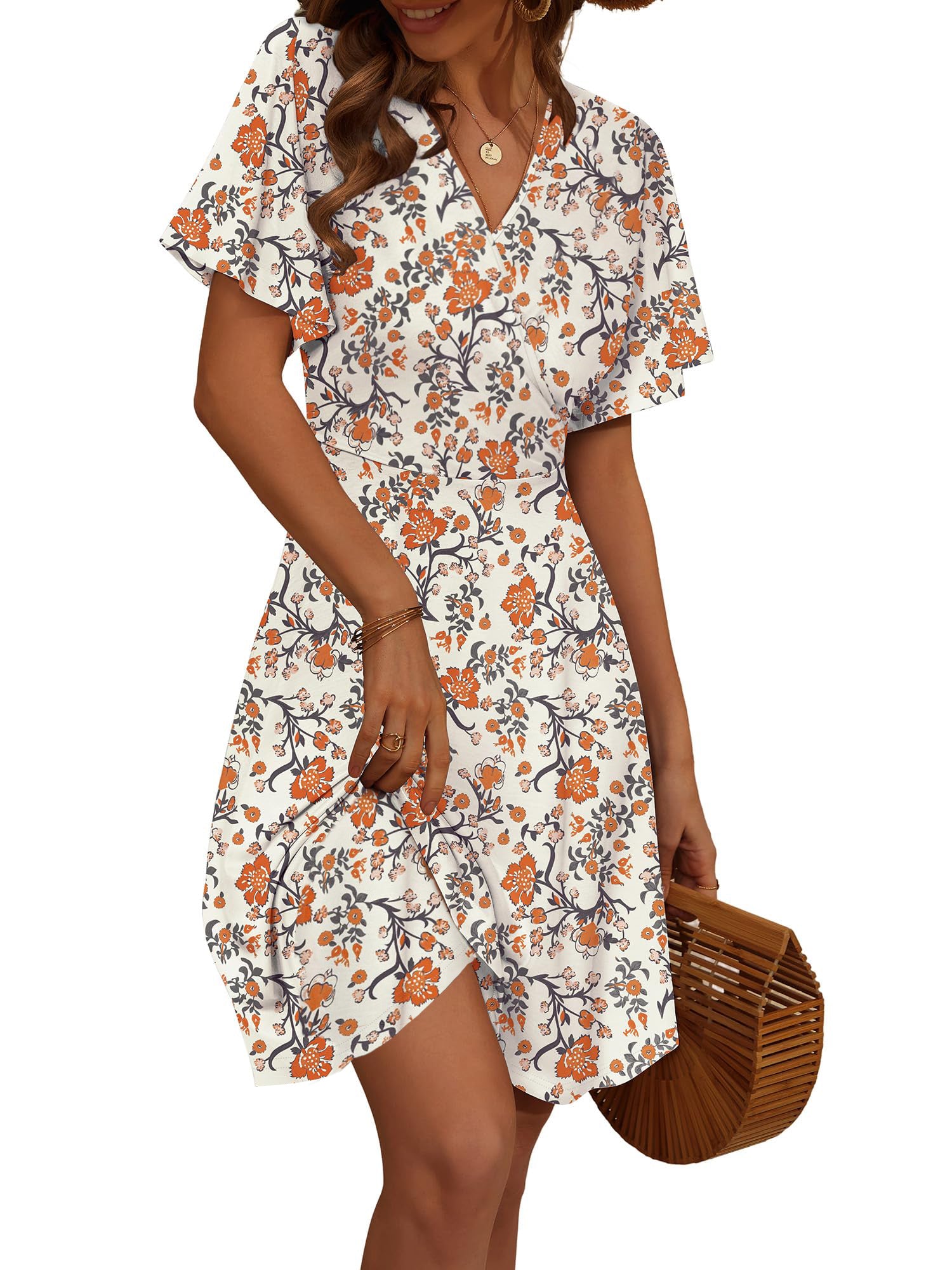 UVN Summer Dresses for Women Short Sleeve V Neck A-Line Midi Dress Boh