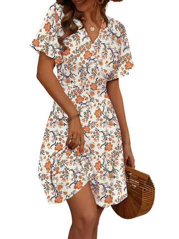UVN Summer Dresses for Women Short Sleeve V Neck A-Line Midi Dress Boho Beach Floral Print Sundress