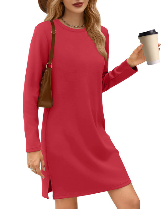 UVN Dresses for Women Fall Winter Long Sleeve Crewneck Casual Pullover Sweatshirt Dress with Side Split