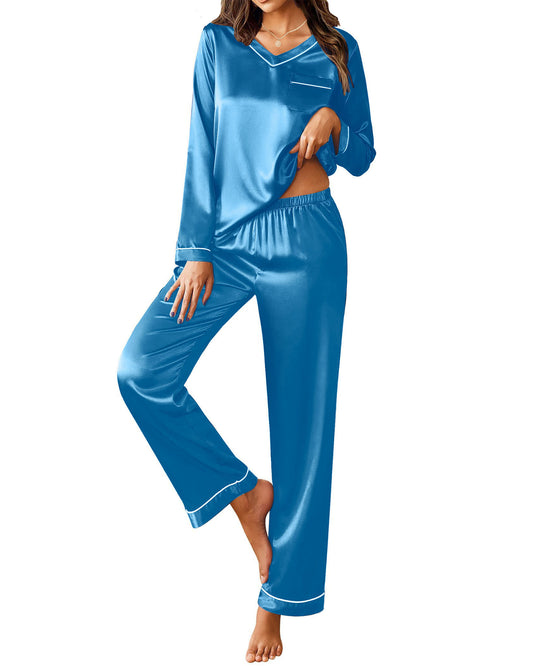 UVN Pajamas Sets for Women Fall Long Sleeve Tops and Long Pants Soft Satin Silk Pj Set Sleepwear Loungewear 2 Piece Outfit