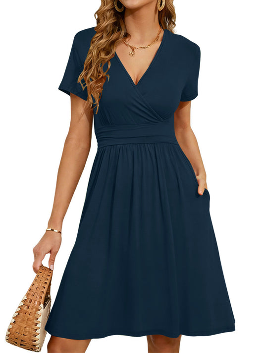 UVN Dresses for Women Deep V Neck Short Sleeve Summer Sundress Midi Party dress with Pocket