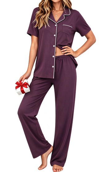 UVN Fall 2 Piece Pajamas for Women Short Sleeve Top and Long Pant Casual Button up Sleepwear Ladies Matching Set