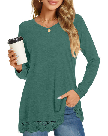 UVN Fall Tops for Women Long Sleeve Lace Trim V Neck Blouses Dressy Casual A Line Tunic Shirts