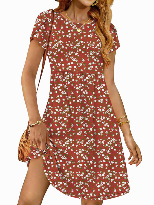 UVN Womens Summer Dresses Short Petal Sleeve Crew Neck Midi Sundress for Women A-Line Flowy Dress with Pocket