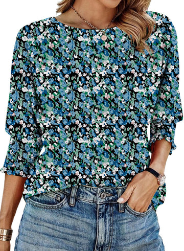 UVN Crewneck Blouse for Women Summer 3/4 Sleeve T-Shirts Casual Tees Ladies Loose Tops