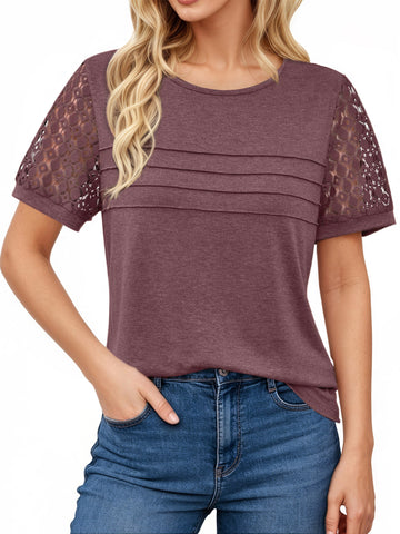 UVN Blouses for Women Lace Short Sleeve Shirts Summer Casual Dressy Crewneck Pleated Tunic Tops