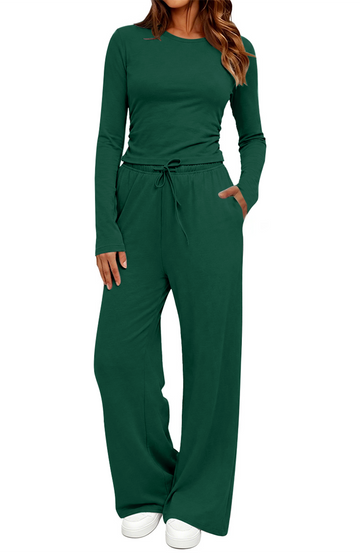 UVN Winter Womens 2 Piece Outfit Sets Ruched Long Sleeve Top and Wide Leg Pants with Pockets Casual Loungewear for Women Workout Sets