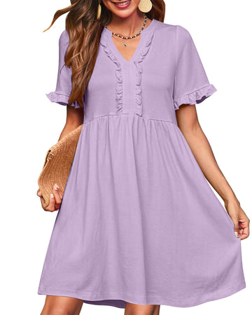 UVN Summer Dresses for Women V Neck Short Sleeve Casual A Line Dress Flowy Swing Ruffle Sundress with Pockets