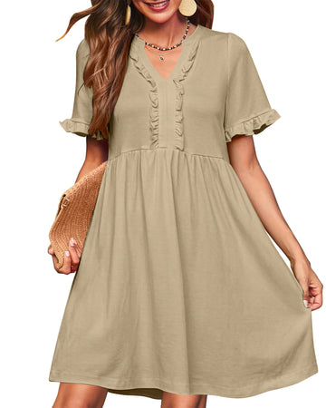 UVN Summer Dresses for Women V Neck Short Sleeve Casual A Line Dress Flowy Swing Ruffle Sundress with Pockets