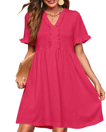 UVN Summer Dresses for Women V Neck Short Sleeve Casual A Line Dress Flowy Swing Ruffle Sundress with Pockets