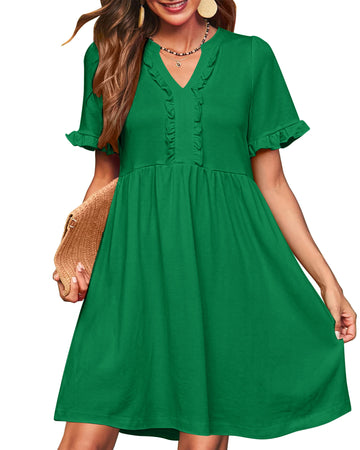 UVN Summer Dresses for Women V Neck Short Sleeve Casual A Line Dress Flowy Swing Ruffle Sundress with Pockets