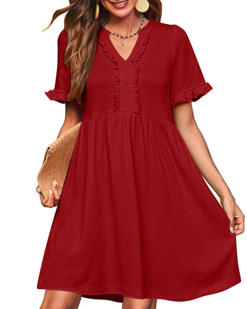 UVN Summer Dresses for Women V Neck Short Sleeve Casual A Line Dress Flowy Swing Ruffle Sundress with Pockets