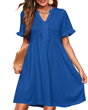 UVN Summer Dresses for Women V Neck Short Sleeve Casual A Line Dress Flowy Swing Ruffle Sundress with Pockets