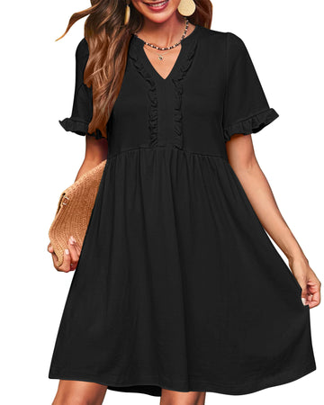 UVN Summer Dresses for Women V Neck Short Sleeve Casual A Line Dress Flowy Swing Ruffle Sundress with Pockets