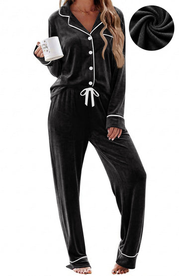 UVN Velvet Pajama Sets for Women Winter Long Sleeve Button Down Top and Drawstring Pant Ladies Casual Sleepwear