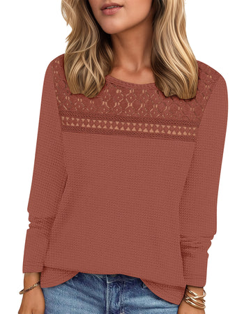 UVN Blouses for Women Fall Long Sleeve Crewneck Dressy Shirts Casual Waffle Knit Hollow Out Tunic Tops