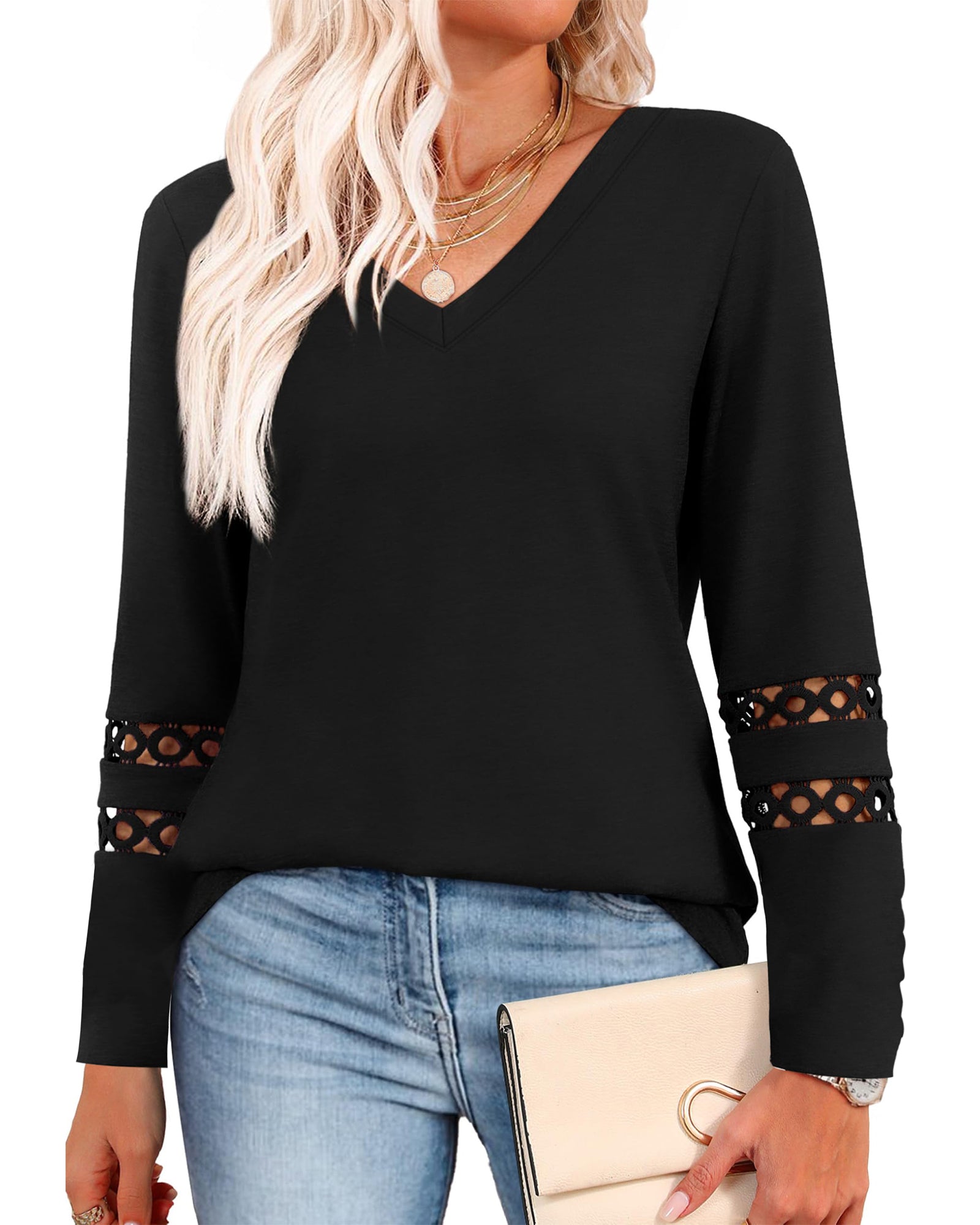 UVN Fall Blouses for Women Long Sleeve V Neck Tunic Tops Casual Hollow Out Curved Hem Dressy Shirts
