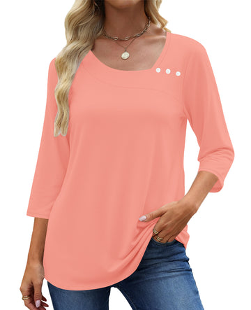 UVN Summer Square Neck Blouses for Women 3/4 Sleeve Shirt Ladies Dressy Casual Button Tunic Tops
