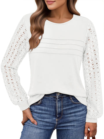 UVN Blouses for Women Dressy Lace Pleated Tunic Tops Casual Long Sleeve Fall Shirts