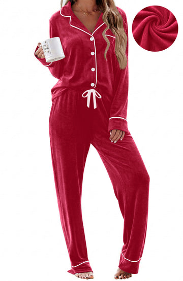 UVN Velvet Pajama Sets for Women Winter Long Sleeve Button Down Top and Drawstring Pant Ladies Casual Sleepwear