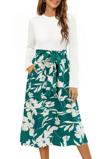 UVN Fall Dresses for Women Long Sleeve Crewneck Ribbed Casual Dress Ladies Floral Print Midi Dresses with Pockets