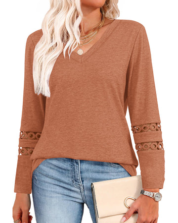 UVN Fall Blouses for Women Long Sleeve V Neck Tunic Tops Casual Hollow Out Curved Hem Dressy Shirts