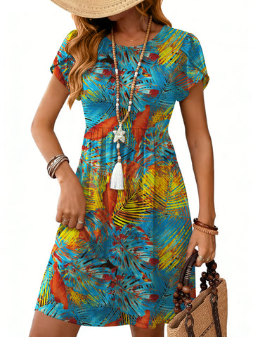 UVN Womens Summer Dresses Short Petal Sleeve Crew Neck Midi Sundress for Women A-Line Flowy Dress with Pocket