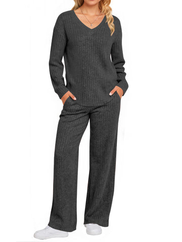 UVN Two Piece Sets for Women Casual Outfits Sets Textured Long Sleeve Shirts and Long Pants Lounge Set Fall Pajama Sets with Pockets