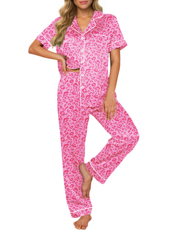 UVN Pajamas Sets for Women Short Sleeve Button Down Tops And Pants Sleepwear Soft Silk Satin Pjs Loungewear 2 Piece Outfit