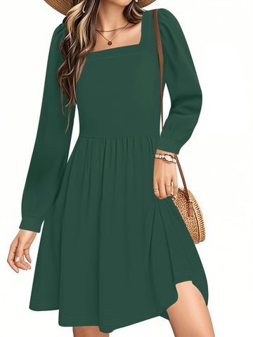 UVN Dresses for Women Fall Long Sleeve Square Neck Dress Boho Floral Print Midi Dresses with Pockets