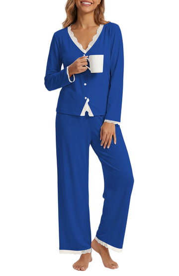 UVN Womens Pajama Sets Fall Long Sleeve Button Down Tops and Pants Two Piece Outfits Ladies Lace Sleepwear Soft Pjs Lounge Sets with Pockets
