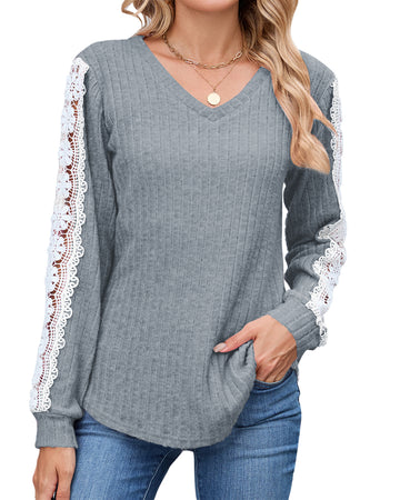 UVN Long Sleeve Shirts for Women Fall V Neck Lace Blouses Casual Dressy Tunic Pullover Sweaters Tops