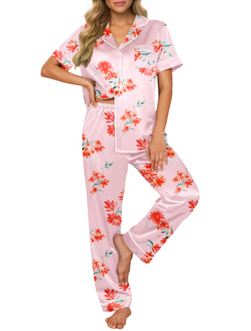 UVN Pajamas Sets for Women Short Sleeve Button Down Tops And Pants Sleepwear Soft Silk Satin Pjs Loungewear 2 Piece Outfit
