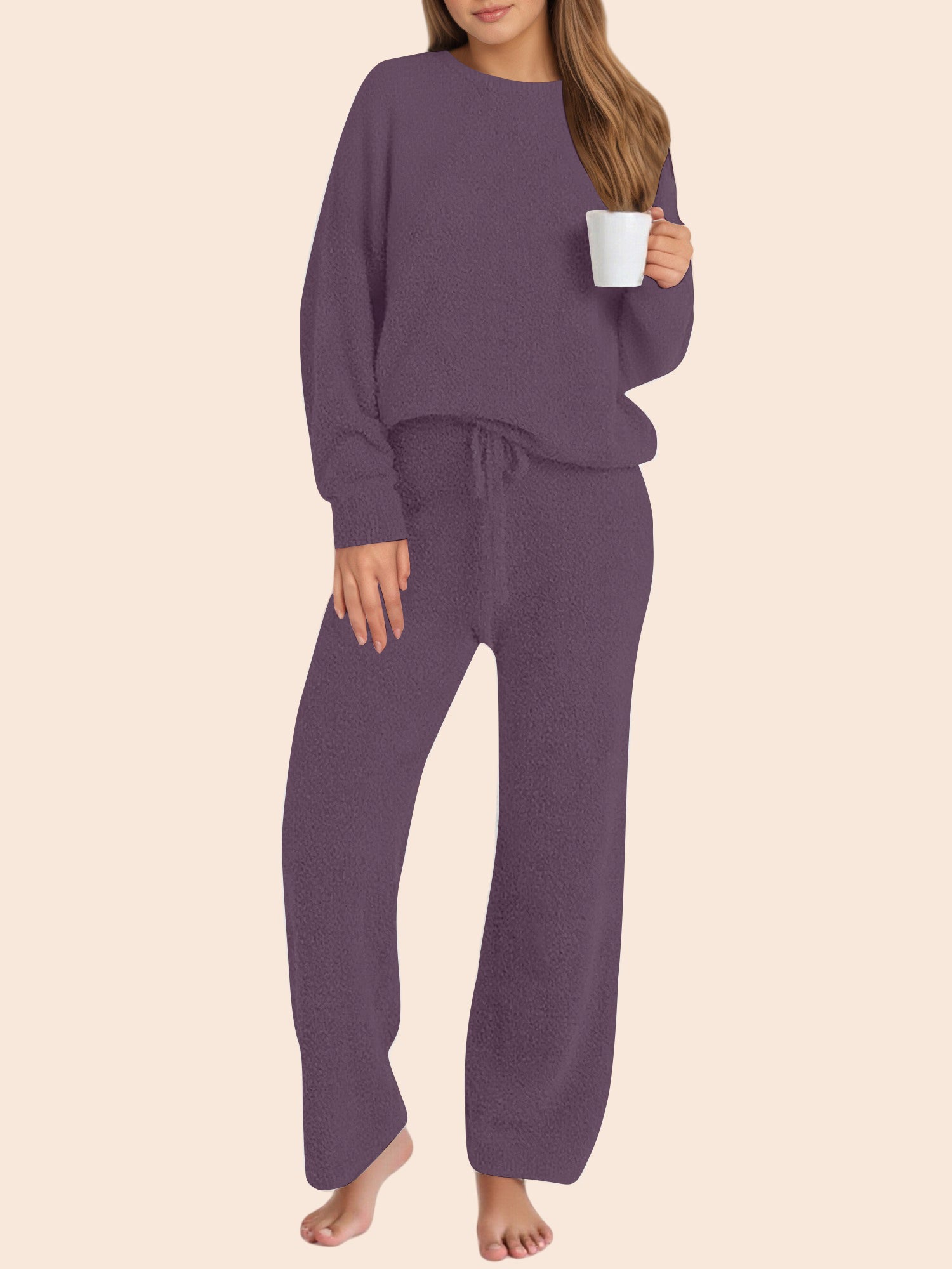 UVN Winter Pajama for Women Sweater Set Ladies Crewneck Tops and Long Pants Warm 2 Piece Loungewear