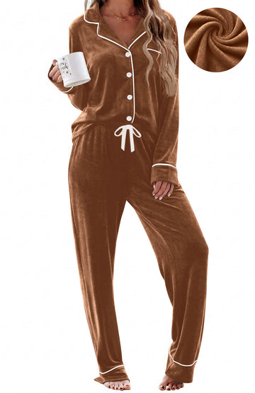UVN Velvet Pajama Sets for Women Winter Long Sleeve Button Down Top and Drawstring Pant Ladies Casual Sleepwear