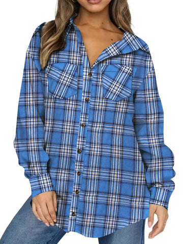 UVN Plaid Shirt for Women Oversized Flannel Long Sleeve Shirts Casual Button Down Blouse Tops with Pockets