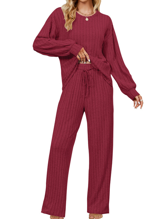 UVN Pajama Sets for Women Long Sleeve Lounge Set Ribbed Knit Sleepwear 2 Piece Pjs Soft Loungewear with Pockets